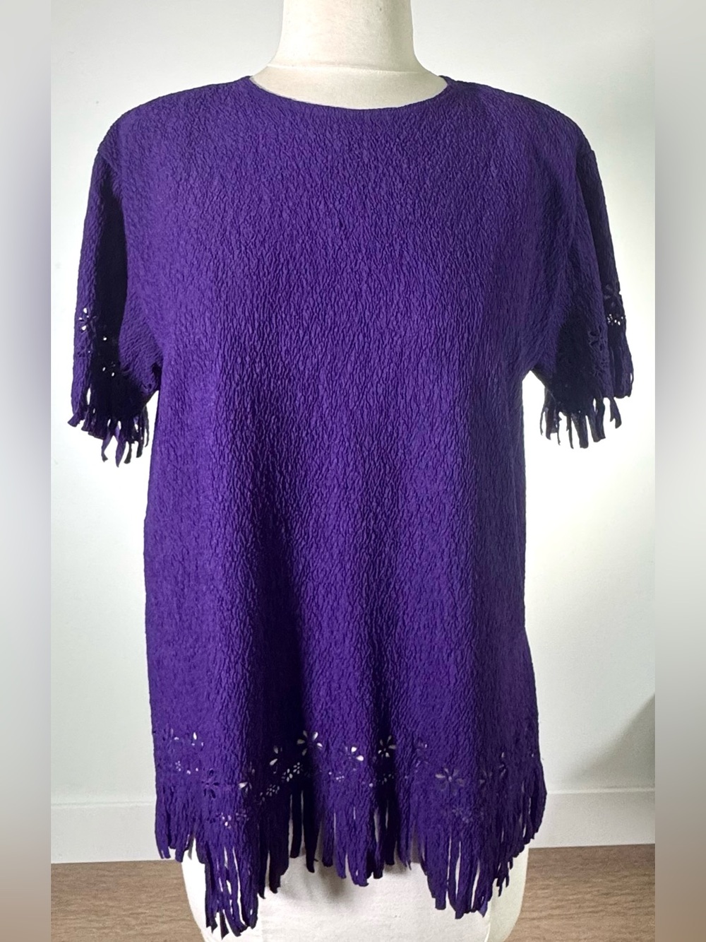 Vintage 70s Purple Crinkle Fringe Tunic Eyelet Cutwork Top Handmade
